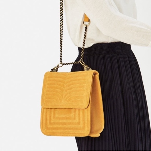 Zara Handbags - Zara Mustard Yellow Suede Chain Purse Stitching Lion Bronze Hardware Bag Small